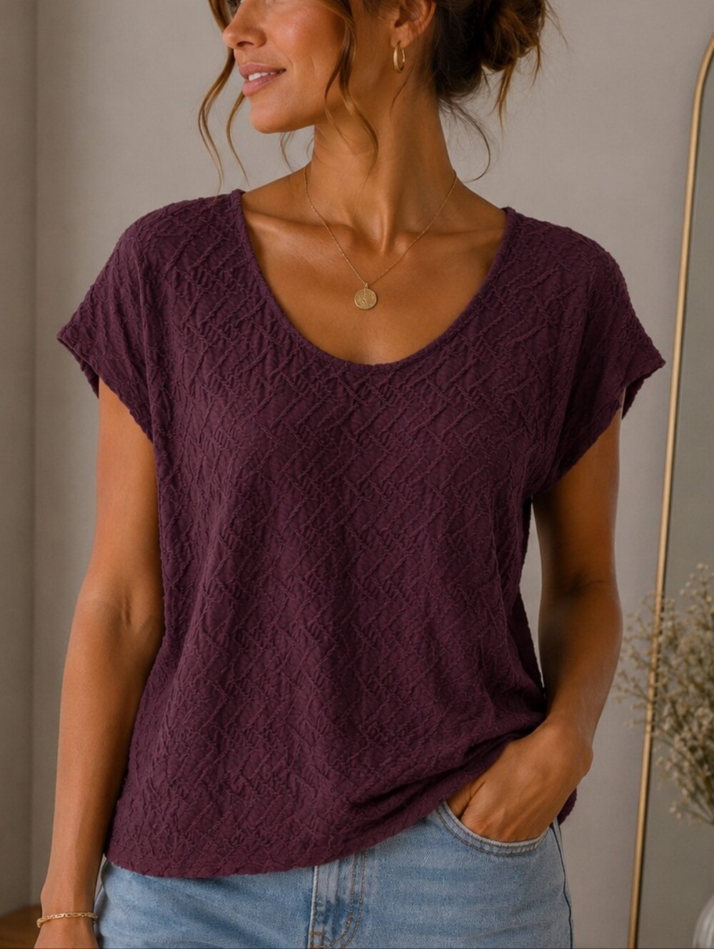 💙 Ricki's Textured Short Sleeve Top - Plum Wine